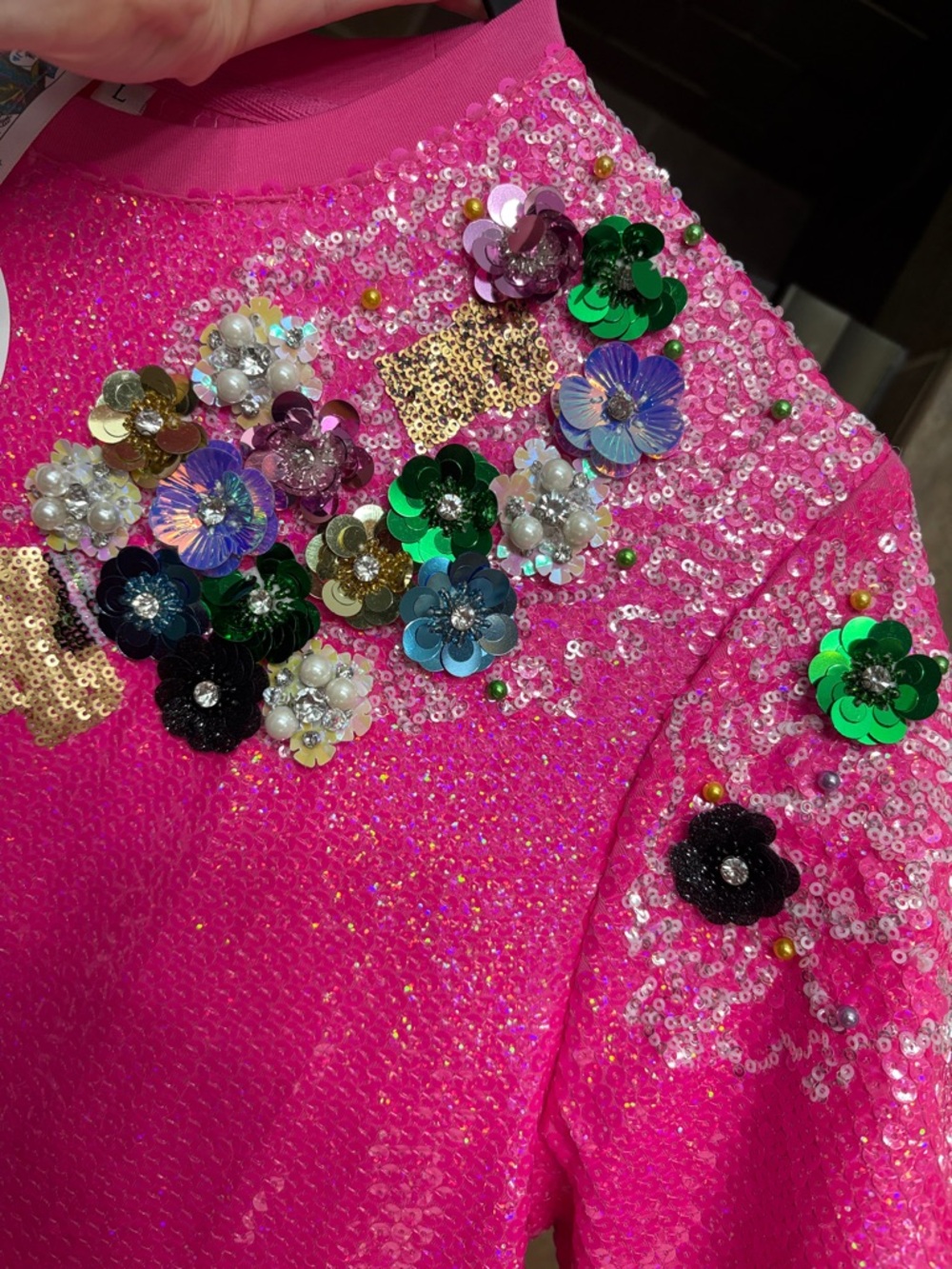 QUEEN OF SPARKLES Hot Pink Sequin Mini Dress with Multicolor Embellished Bottle - Picture 3 of 6